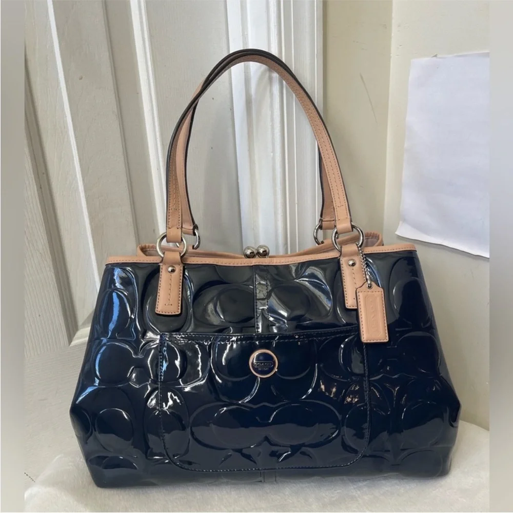 Coach Peyton Signature Embossed Blue Patent Leather Tote